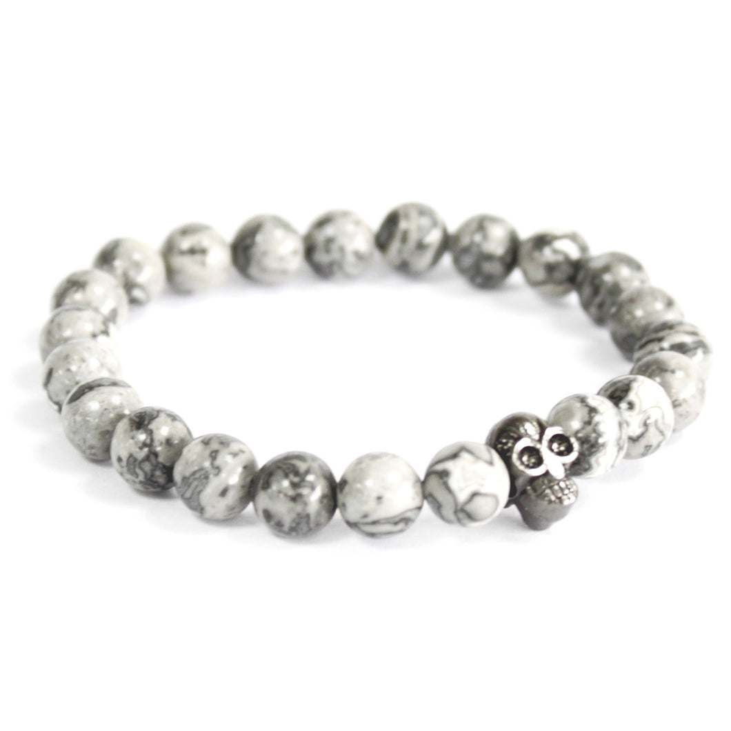 Skull agate bracelet - round bead grey